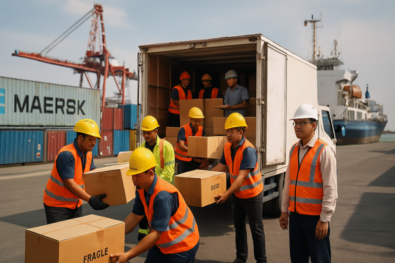 Menurunkan barang dari truk siap dikirim ke kapal